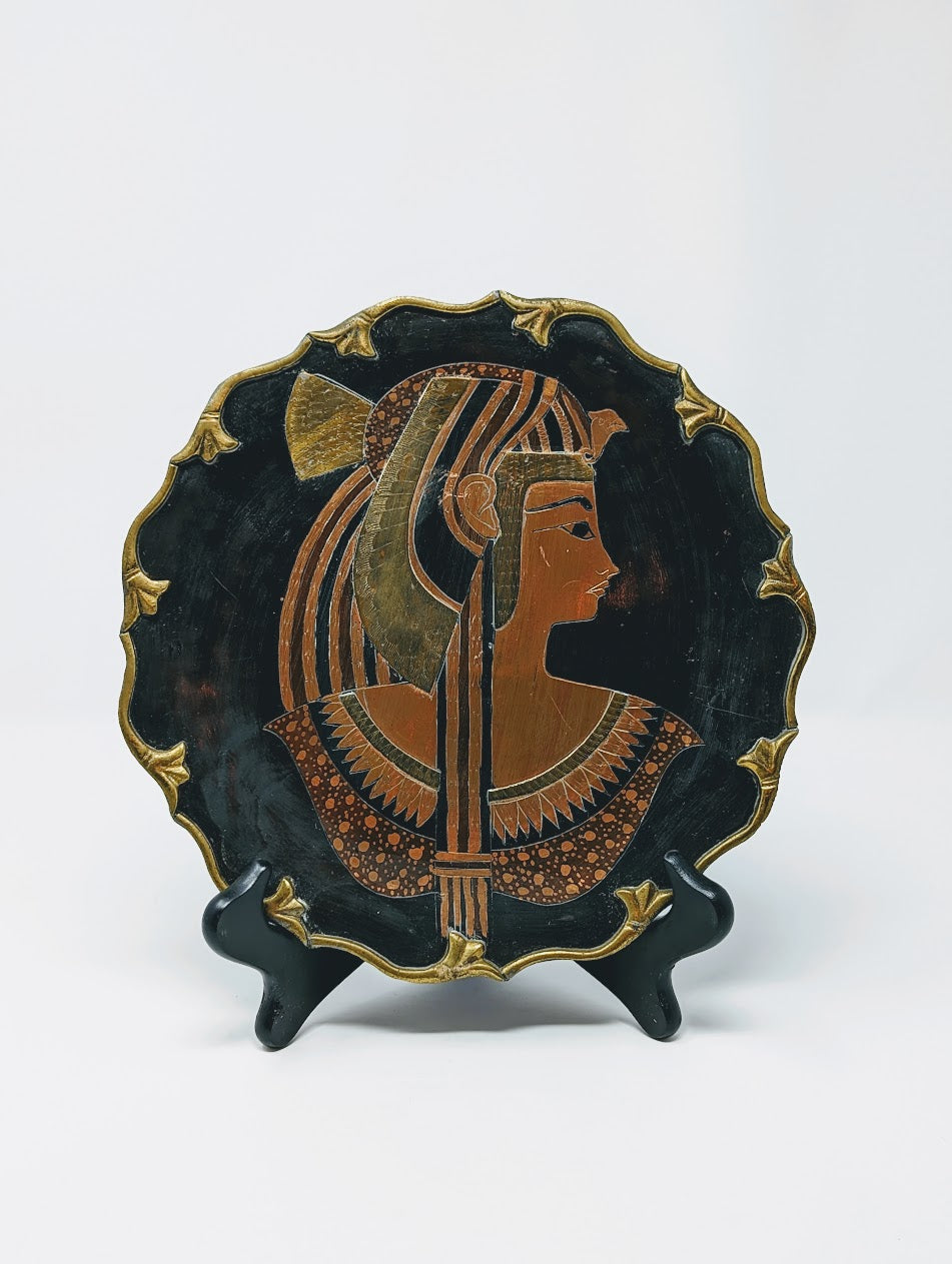 1970s Egyptian Cleopatra Bronze Wall Plaque with Copper & Brass Inlay